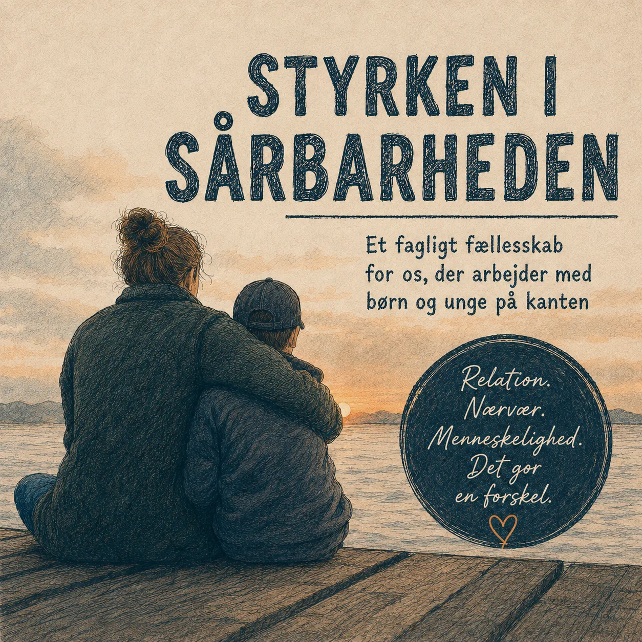 En voksen og et ungt menneske sidder sammen ved vandet